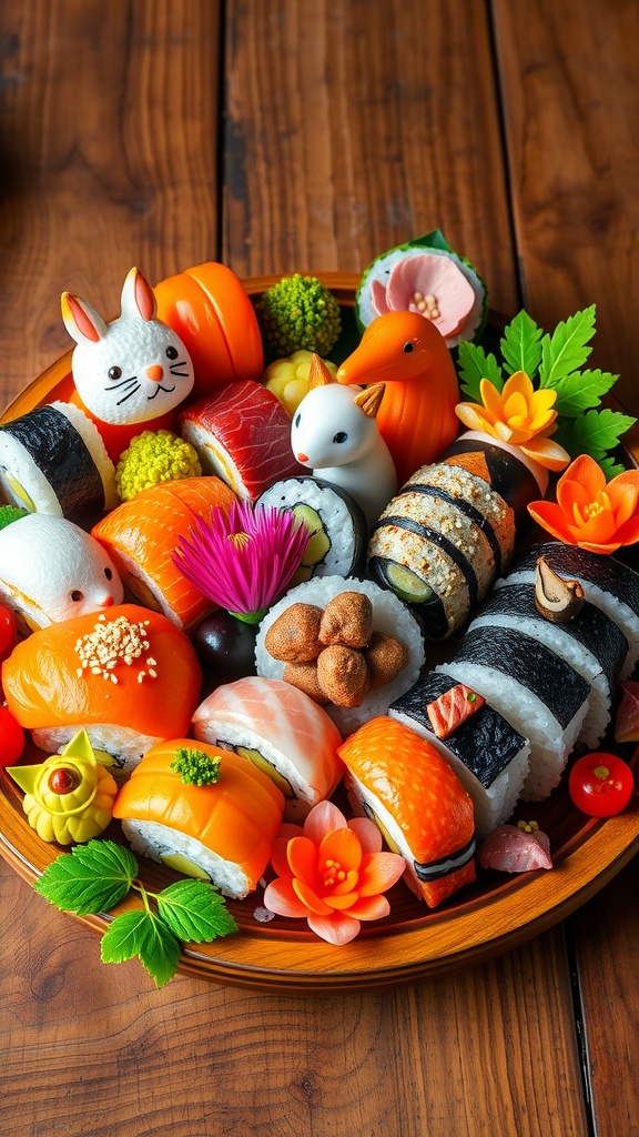A creative sushi platter showcasing colorful 3D shaped sushi art, garnished with vegetables and sesame seeds.